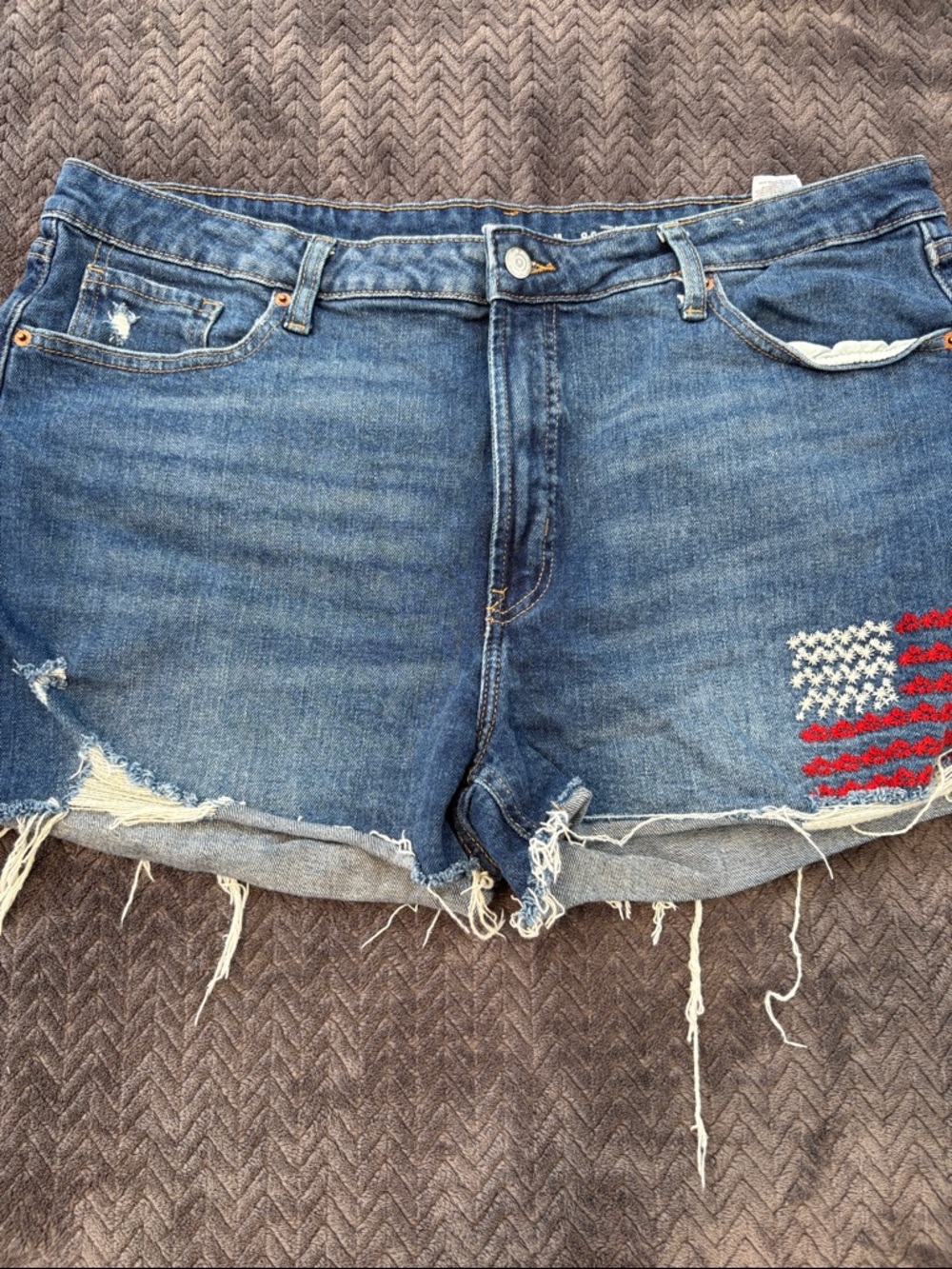 Old Navy Blue Denim Cutoff Shorts with Embroidered Flag
